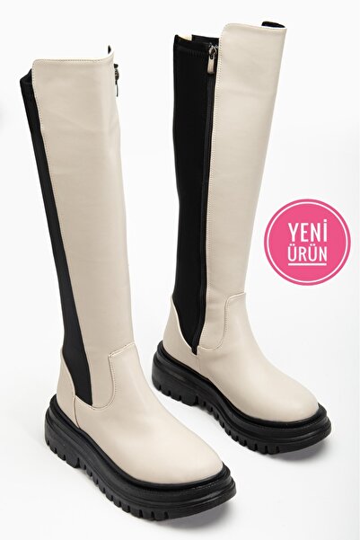 AYAKKABI MEET Cizme de damă din piele bej, cu fermoar, sub genunchi, cizme casual, cu detalii elastice