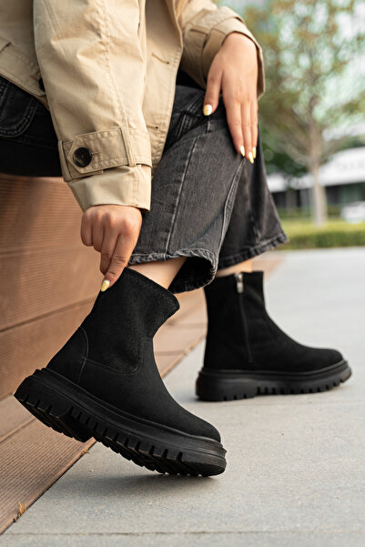 AYAKKABI MEET Siyah Süet Kadın Kalın Taban Günlük Kısa Bot 12365214