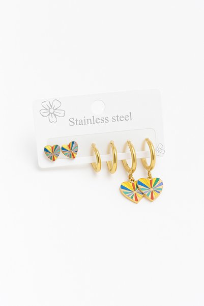 Owentis Steel Gold 3 Pair Enamel Heart Hoop Earring Set -Does Not Tarnish-
