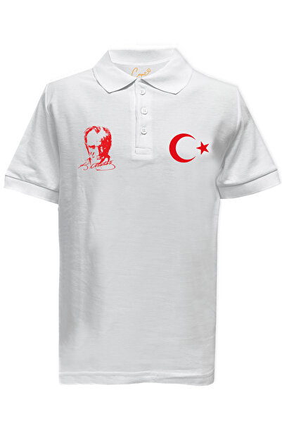Çapıt Polo Yaka Atatürk ve Ay Yıldızlı Beyaz Kısa Kollu 23 Nisan Tişört