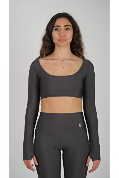 Keep Risen Bluză gri cu mânecă lungă crop Top Sports cu căptușeală