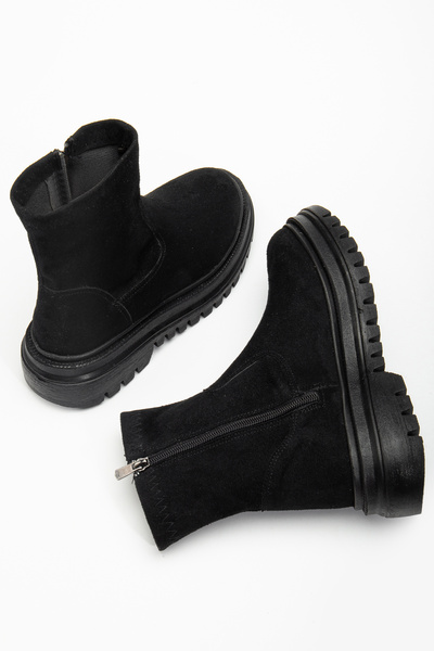 AYAKKABI MEET Siyah Süet Kadın Kalın Taban Günlük Kısa Bot 12365214