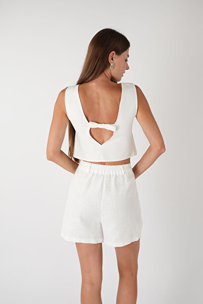 OLSAMODA Women's Back Open Bow Detail Atlas Fabric Bluz