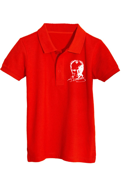 Çapıt Βαμβακερό μπλουζάκι πόλο με λαιμόκοψη και στάμπα Ατατούρκ, κόκκινο κοντ...
