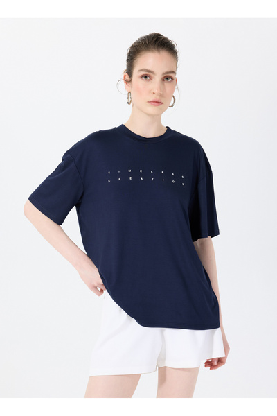 Sorbe Bisiklet Yaka Lacivert Kadın T-Shirt THE RELAX TSHIRT 4010