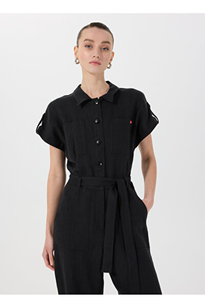 Mustang Siyah Kadın Normal Kalıp %100 Keten Tulum M5SL-TLM1278