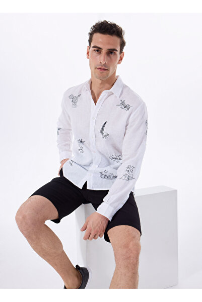 Fabrika Beyaz Erkek Regular Fit Nakışlı %100 Keten Gömlek F5SM-GML 2737