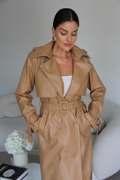 Julidress Astarlı Kemer Detaylı Maxi Uzun Boy Premium Deri Trençkot