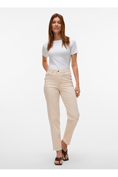 Vero Moda Vero Moda Yüksek Bel Düz Paça Mom Fit Ekru Kadın Denim Pantolon VMTESSA HR MOM JEANS ECRU GA