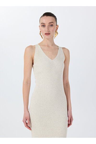 Fabrika Bej Kadın V Örgü Elbise F5SL-ELB0401