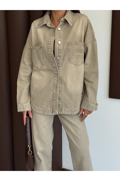 XRAY JEANS Дамски дънки с дълги копчета и джобове, кремаво палто