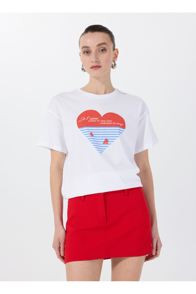 Fabrika Bisiklet Yaka Baskılı Beyaz Kadın T-Shirt F5SL-TST0426