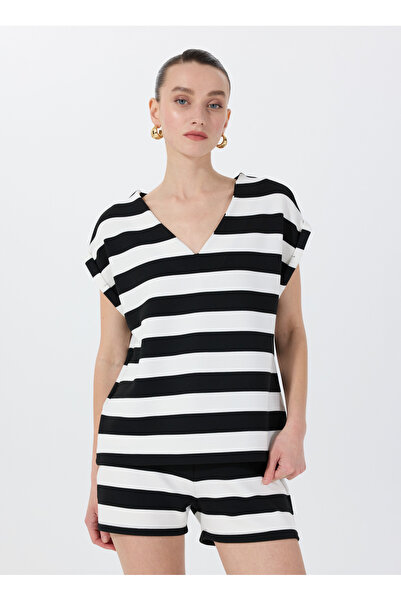 Fabrika V Yaka Çizgili Siyah - Ekru Kadın Sweatshırt F5SL-SWT0359