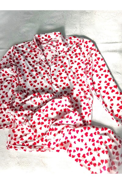 sayina Women's Red Heart Patterned Shirt Collar Pajama Set