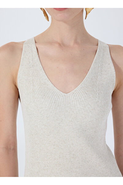 Fabrika Bej Kadın V Örgü Elbise F5SL-ELB0401