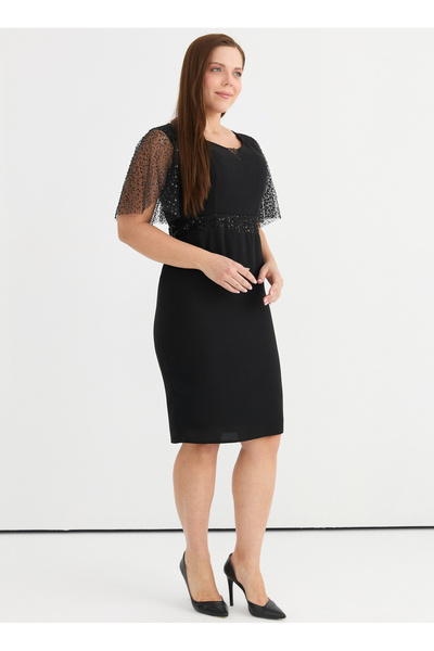 Selen V Yaka Simli Siyah Standart Kadın Elbise 25YSL7645-BB