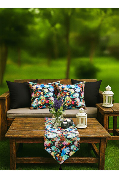 shopshop Set de 5 piese de imprimare digitală cu model de pene, husă decorativă modernă pentru pernă și husă pentru runner