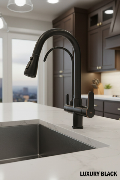 tesitay Black Spiral Brass Kitchen Faucet - Three Way Sink