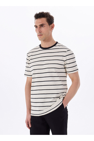 Fabrika Bisiklet Yaka Çizgili Siyah - Ekru Erkek T-Shirt F5SM-TST 2059