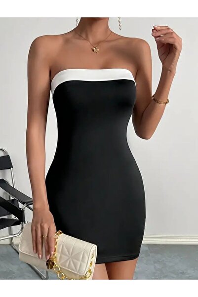 Olyssia Γυναικείο φόρεμα με λεπτομέρεια στράπλες με μαύρη ρίγα - Ελαστικό στο σώμα | Νυχτερινή & πάρτι κομψότητα σε σέξι απλό στυλ