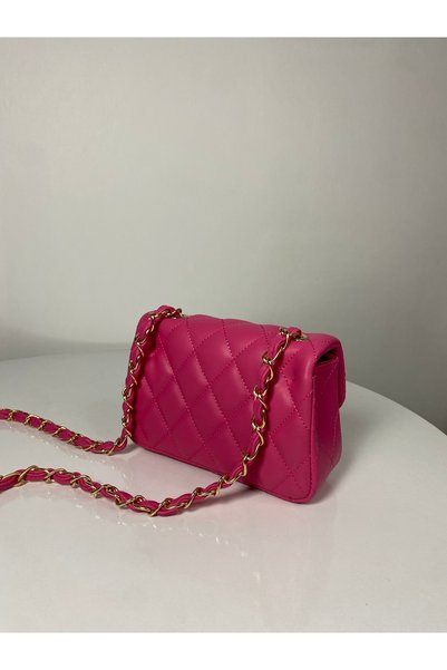 BK Bags & Accessories Fuchsia Mini Size Quilted Gold Chain Crisscross Straps Women's Hand Chain and Shoulder Bag