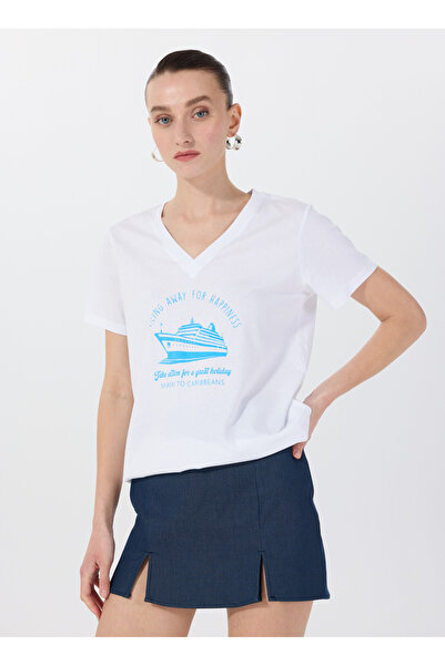 Fabrika V Yaka Baskılı Beyaz Kadın T-Shirt F5SL-TST0461