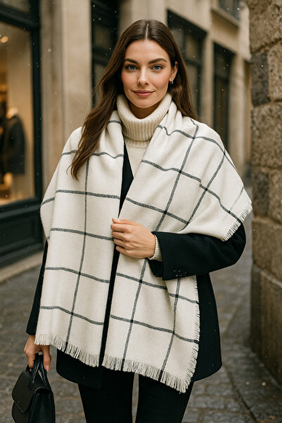 Luminos Butik Women's Ecru Square Patterned Scarf - Shawl 70x180 Cm Sal1210