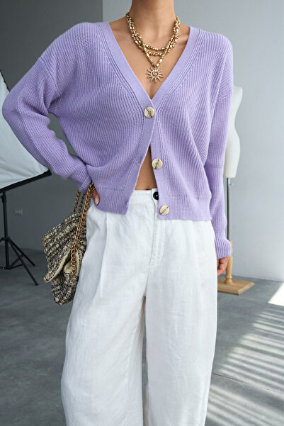LOOSH Kadın V Yaka Lila Düğmeli Triko Hırka