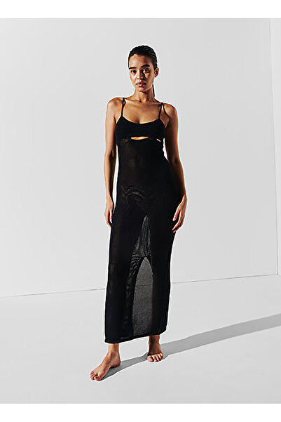 Karl Lagerfeld U Yaka Düz Siyah Uzun Kadın Elbise A1W46032