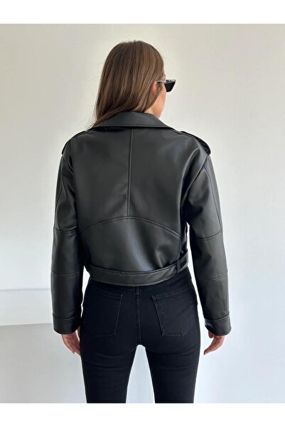 Ekim Store Yeni Sezon Oversize Siyah Biker Deri Ceket
