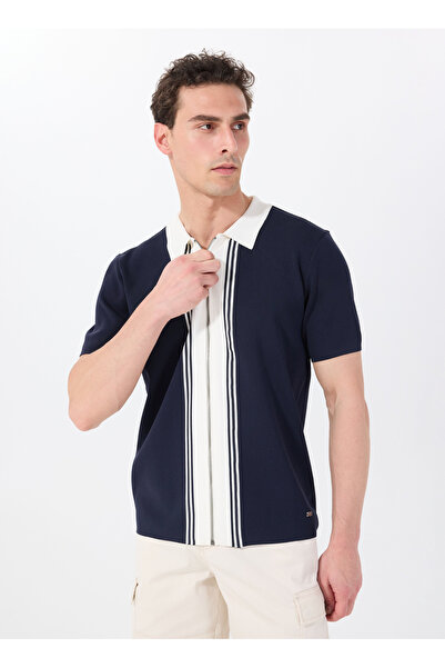 Jeep Polo Yaka Relaxed Çizgili Lacivert - Beyaz Erkek Kazak J5SM-HRK7663