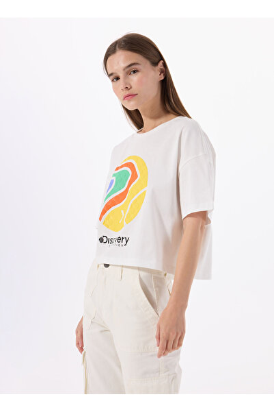 Discovery Expedition D5SL-TST3642 Kırık Beyaz Bisiklet Yaka Crop Baskılı Kadı...