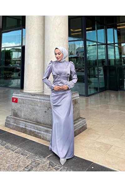 modasusev Satin Hijab Evening Dress with Tassels Sleeves and Train