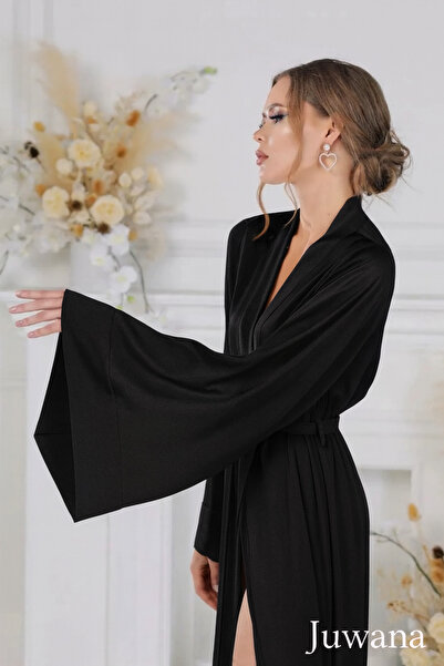 Juwana Bridal Robe Black Long Satin Kimono