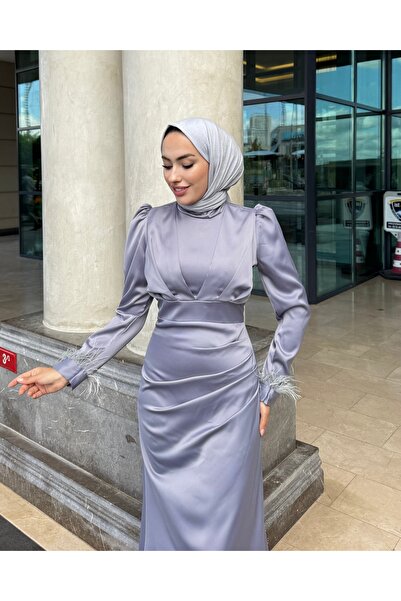 modasusev Satin Hijab Evening Dress with Tassels Sleeves and Train
