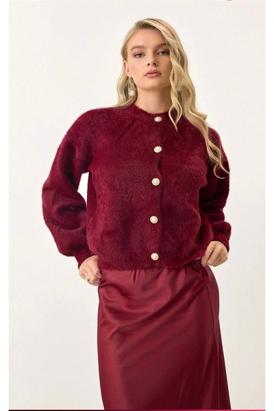 NATUFIAN STORE Pearl Buttoned Bearded Balloon Sleeve Women's Knitwear Soft Cardigan