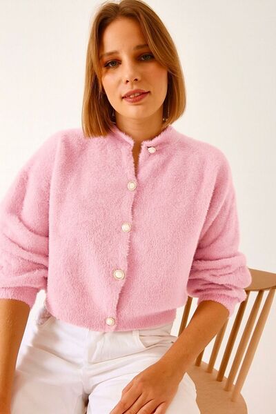 NATUFIAN STORE Pearl Buttoned Bearded Balloon Sleeve Women's Knitwear Soft Cardigan