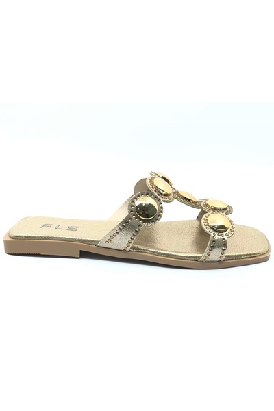 Kocamanlar Ayakkabı Papuci de damă Feles cu talpă subțire cu detalii din piatră AUR