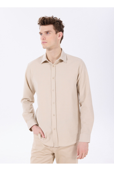 FABRIKA COMFORT Regular Fit Shirt Collar Dobby Beige Men's Shirt Fc5Sm-Ckt 2526