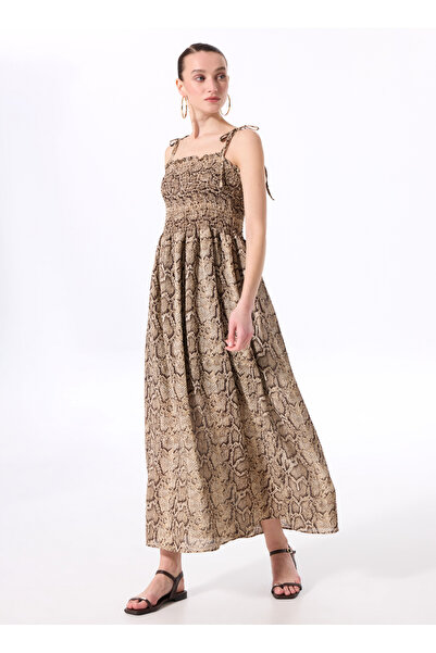 Fabrika Kare Yaka Desenli Çok Renkli Uzun Kadın Elbise F5SL-ELB0038