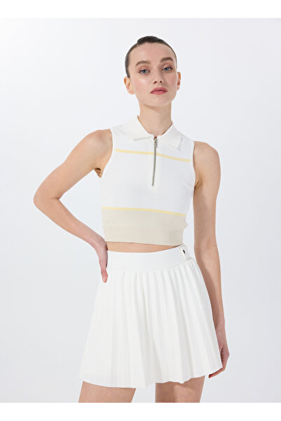 Fabrika Polo Yaka Düz Beyaz - Bej Kadın Bluz F5SL-BLZ0100