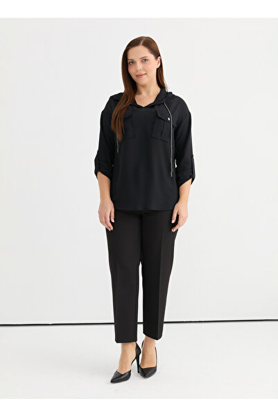 Selen Kapüşon Yaka Taşlı Siyah Kadın Bluz 25YSL8031-BB
