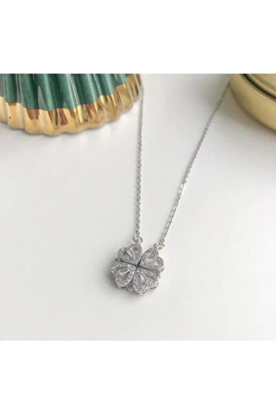 Birmem Kadın Gümüş Rengi Çelik Mıknatıslı Açılır Kapanır Dört Kalp Yonca Şans Kolyesi