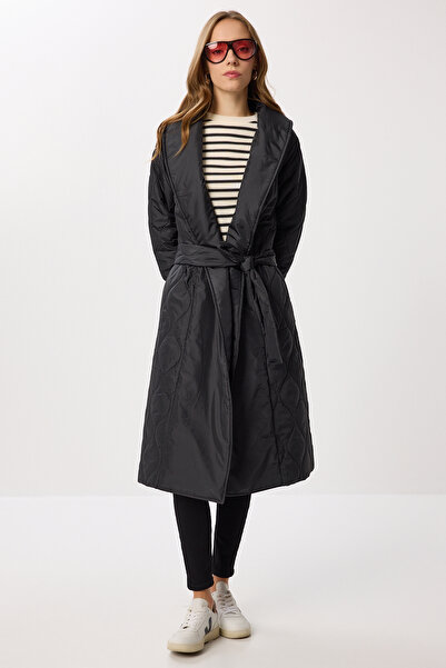 Lovelyİstanbul Kuşaklı Şal Yaka Kapitone kaban Siyah Ldz0010