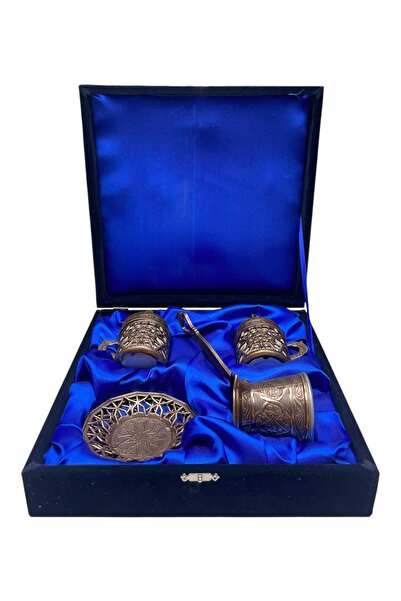 ÅLÅ OTANTİK HEDİYELİK İkili Kahve Fincan ve Cezve Seti Zamak Kadife Kutulu