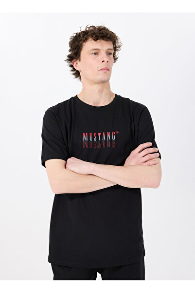 Mustang Bisiklet Yaka Baskılı Siyah Erkek T-Shirt M5SM-TST1426
