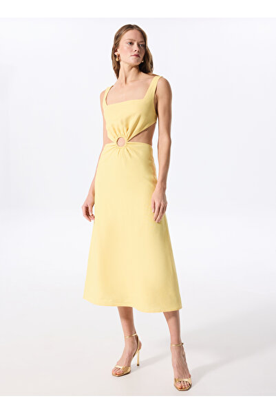 Fabrika Sarı Kadın Kare %100 Keten Elbise F5SL-ELB0042