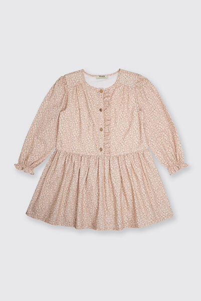Panço Kız Çocuk Çiçek Desenli Bej Elbise