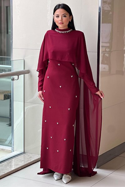 White Corner Şifon Pelerinli Damla Taşlı Abiye