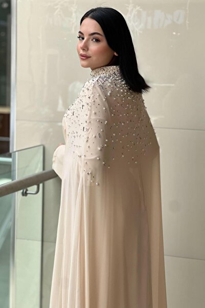 White Corner Pelerini İnci İşlemeli Abiye